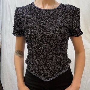 Black and Blue Silk Beaded Blouse Vintage 90s